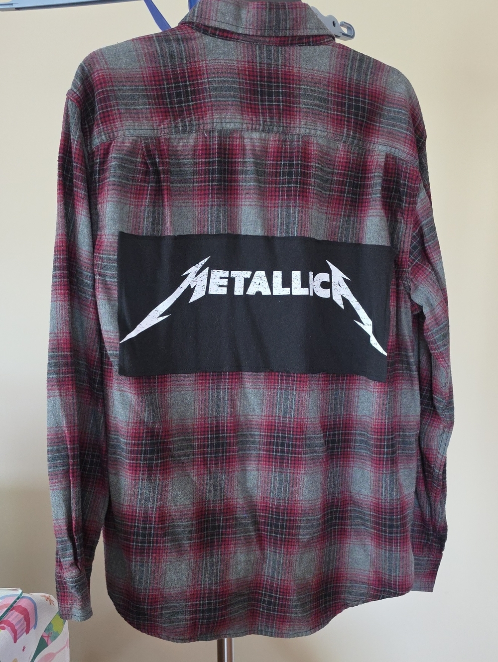 George Plaid Button-Down Shirt Jacket with Metallica Back Patch - Red & Gray